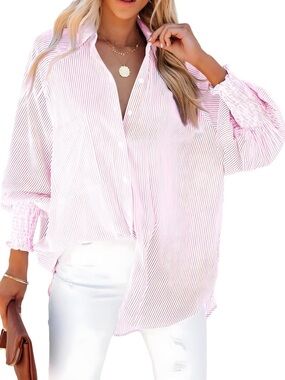 Relaxed Light Pink Striped Button-Down Shirt - Women's Top